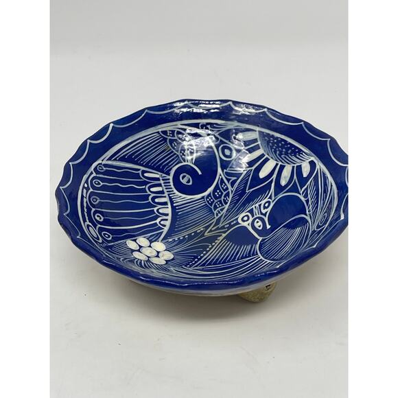 Vintage Mexican Folk Art Bird Pottery Small Footed Hand Painted Trinket Bowl - Picture 4 of 8